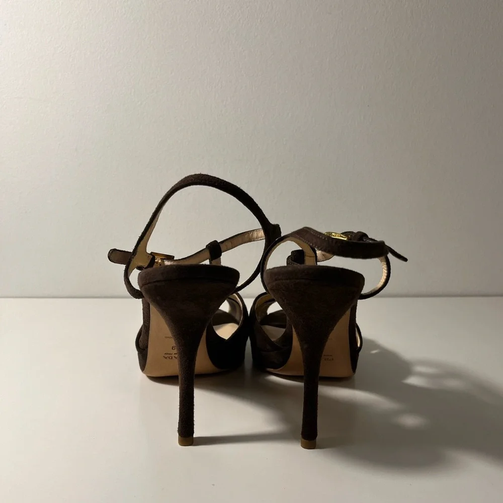 Prada Cutout Peep Open Toe Suede T-Strap Platform Stiletto Pump Heels Sandals - Picture 11 of 12